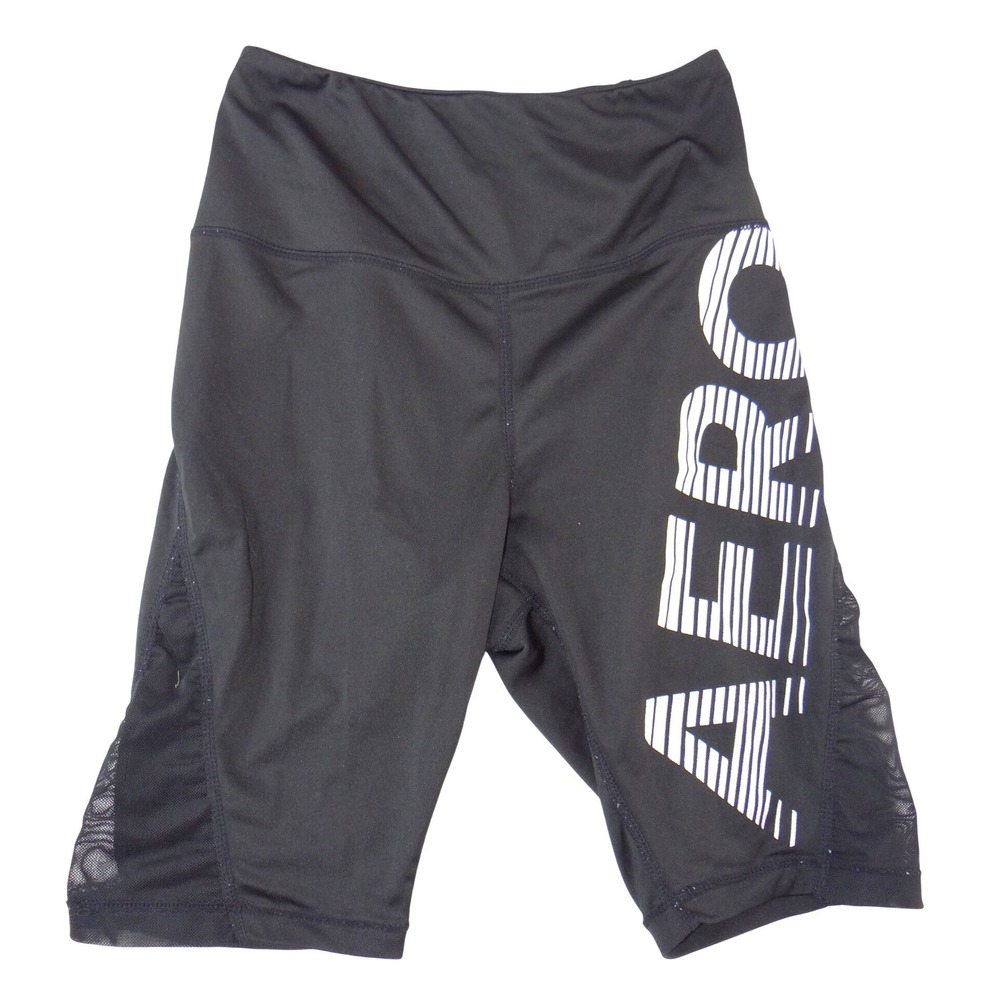 Aeropostale Women Black Mesh Panel‎ High Waisted Biker Shorts Aero Logo